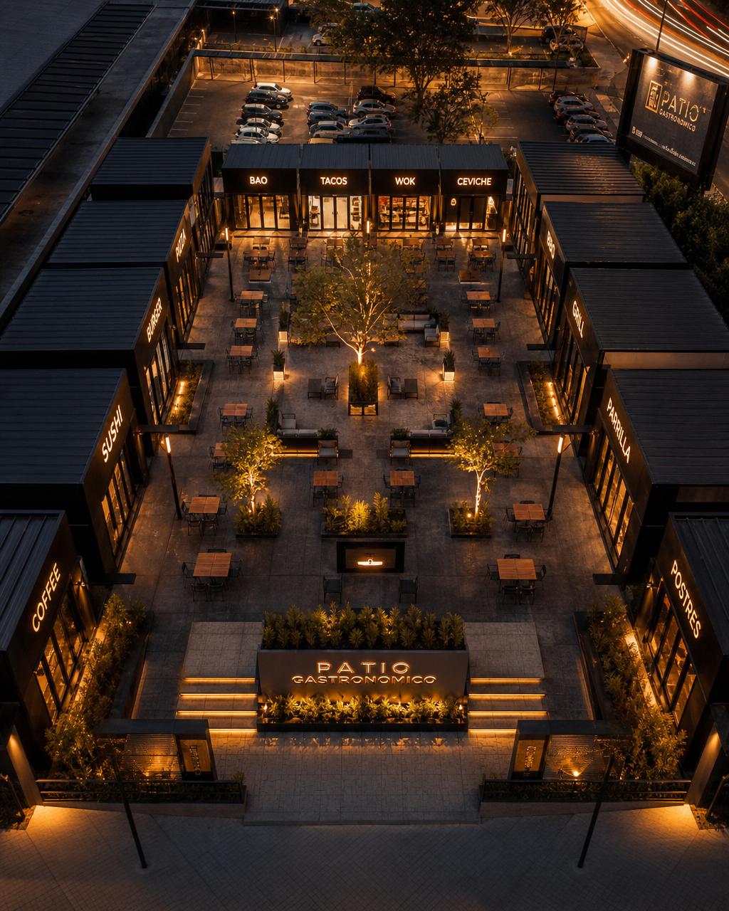 Terreno → Patio gastronómico con 12 módulos