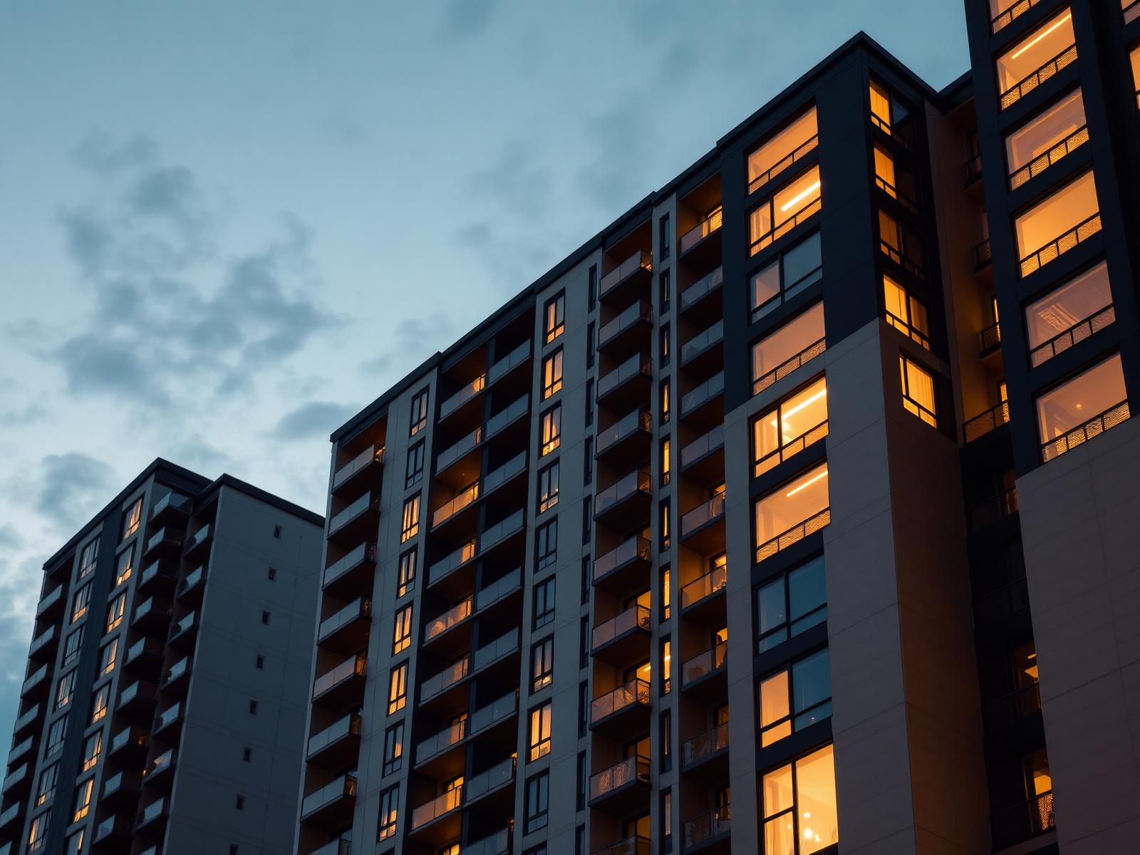 Edificio residencial de renta al anochecer
